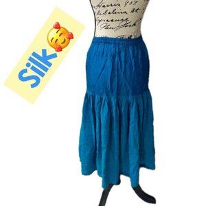 VTG CLASSY CHIC 100% SILK MIDI TIERED SKIRT TURQUOSE  8 GLOSSY  SOPHISTICATED
